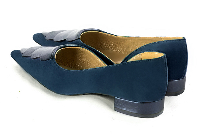 Navy blue women's open arch dress pumps. Pointed toe. Flat flare heels. Rear view - Florence KOOIJMAN